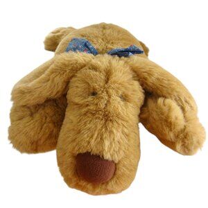 Vintage 90s Shilla Floppy Plush Brown Puppy Dog Lays Flat Stuffed Toy w Blue Bow